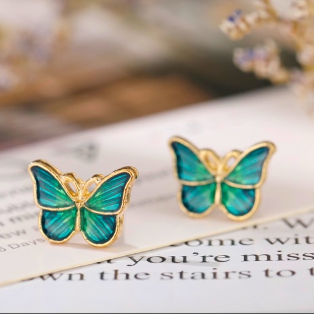 Retro Green + Gold Butterfly Earrings